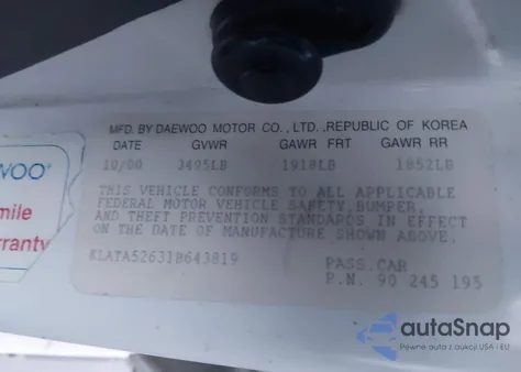 2001 Daewoo Lanos S z USA, uszkodzony, nr VIN KLATA52631B643819